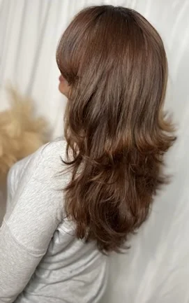 Back view of a woman's long, layered chestnut-brown hair styled with soft curled ends
